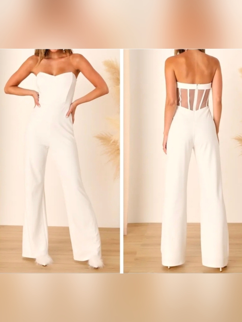 Lulus Fashionista Nights Ivory Strapless Bustier Wide-Leg Jumpsuit, Size Large